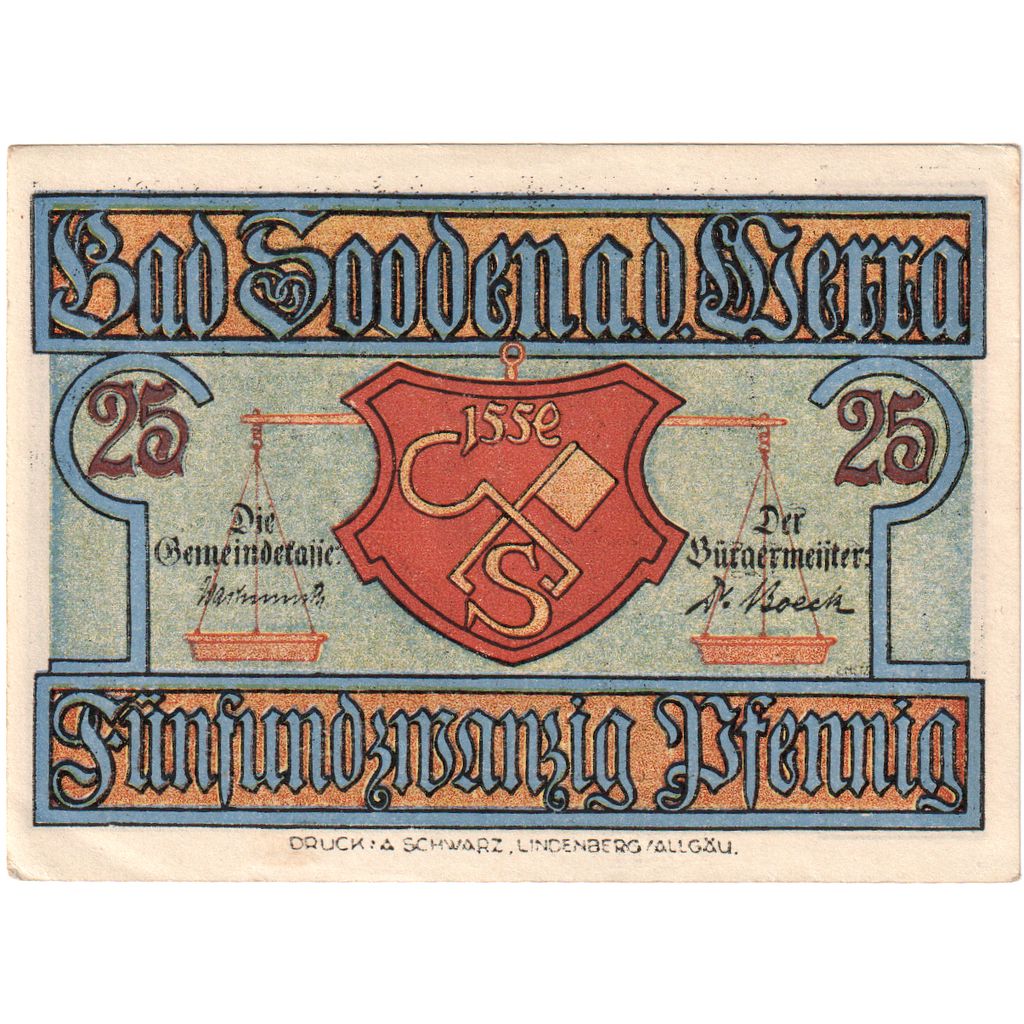 Banknot, Niemcy, Sooden a.d. Werra, Bad Gemeinde, 25 Pfennig, Eglise, undated