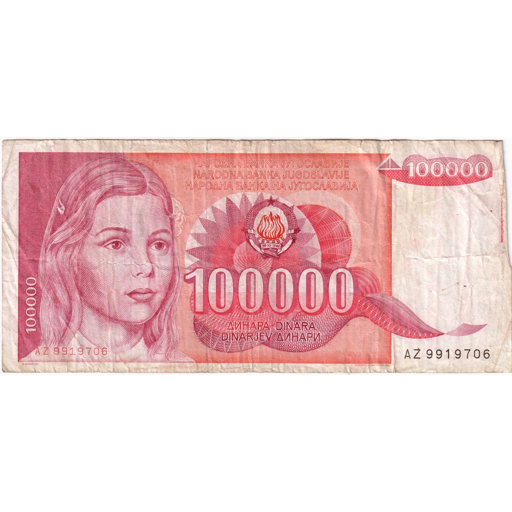 Yugoslavia, 100,000 Dinara, VF(20-25)
