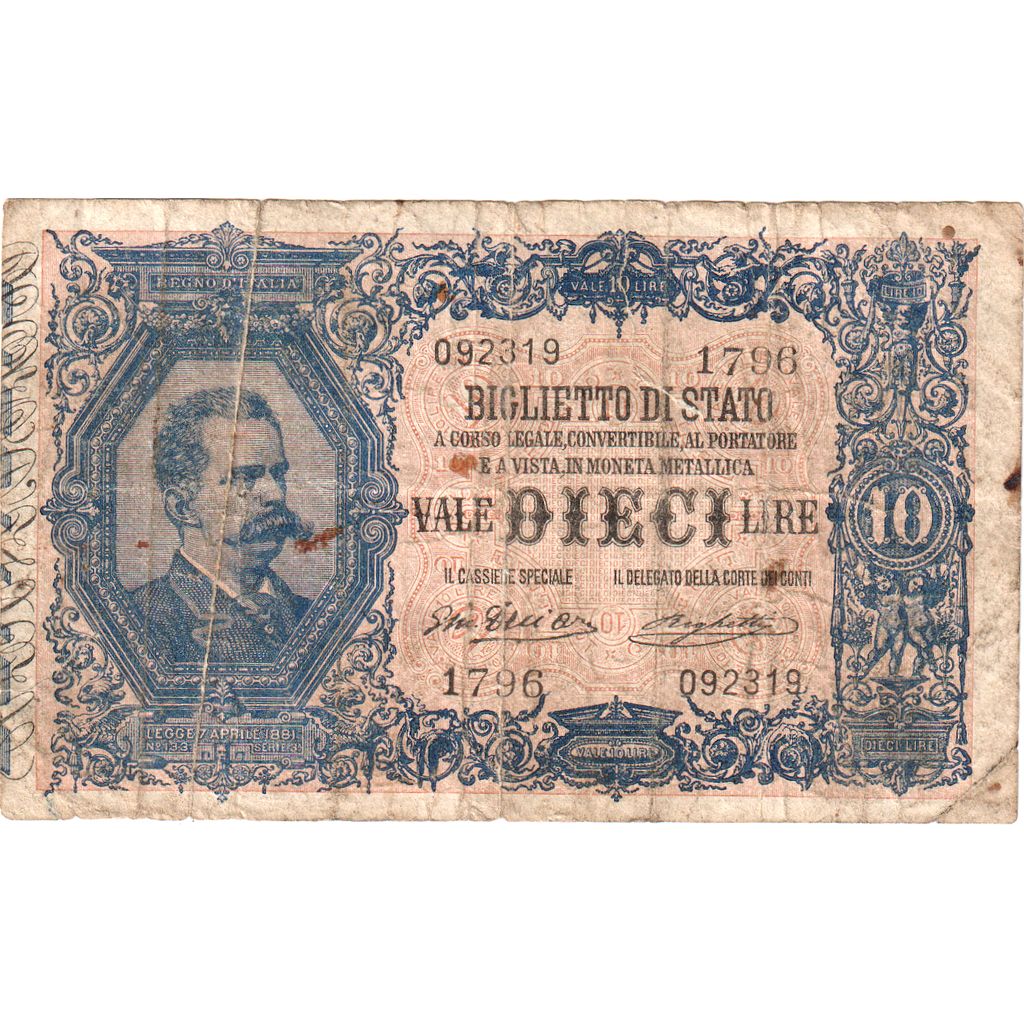Italy, 10 Lire, 1892-10-25, VF(20-25)