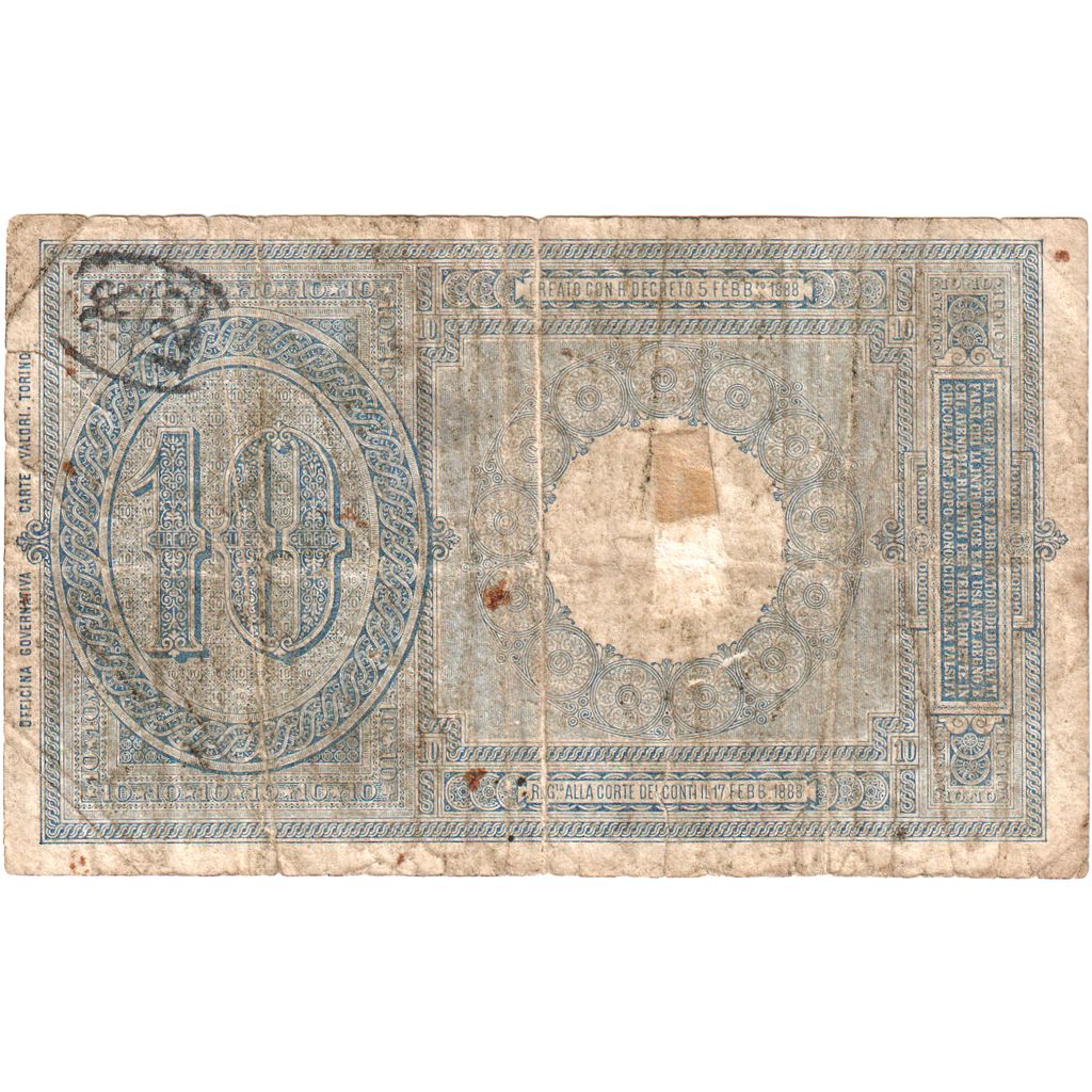 Italy, 10 Lire, 1892-10-25, VF(20-25)