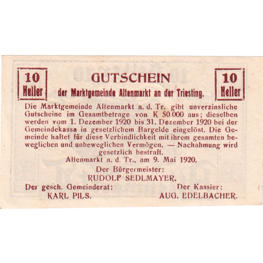 Geldschein, Österreich, Altenmarkt, 10 Heller, paysage, 1920, 1920-05-09, UNZ-