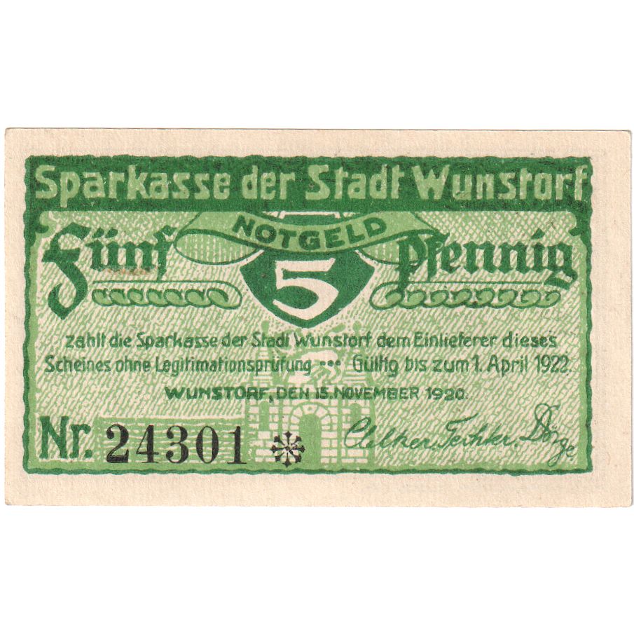 Niemcy, Wunstorf Stadt, 5 Pfennig, 1922-04-01, UNC(63)