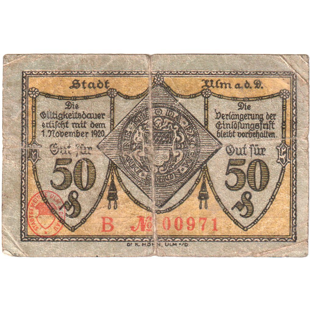Niemcy, Ulm Stadt, 50 Pfennig, 1920-11-01, VF(30-35)