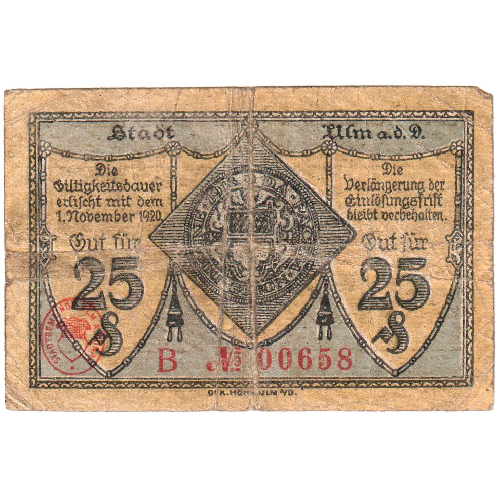 Niemcy, Ulm Stadt, 25 Pfennig, 1918-10-22, VF(30-35)