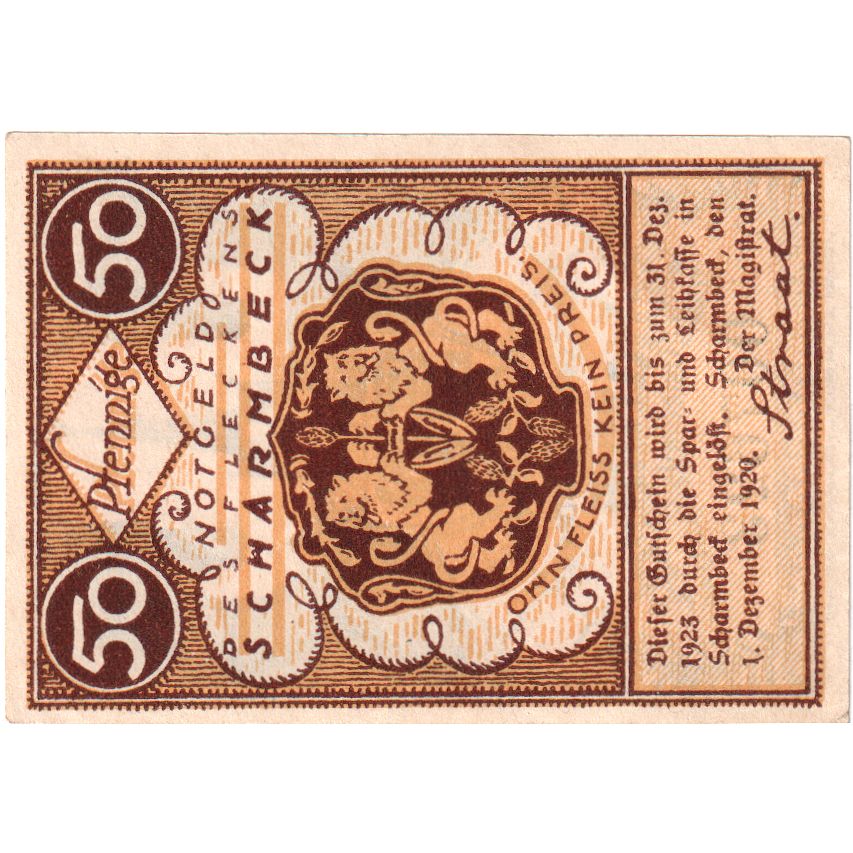 Banknot, Niemcy, Scharmbeck Stadt, 50 Pfennig, Eglise, 1920, 1920-12-01