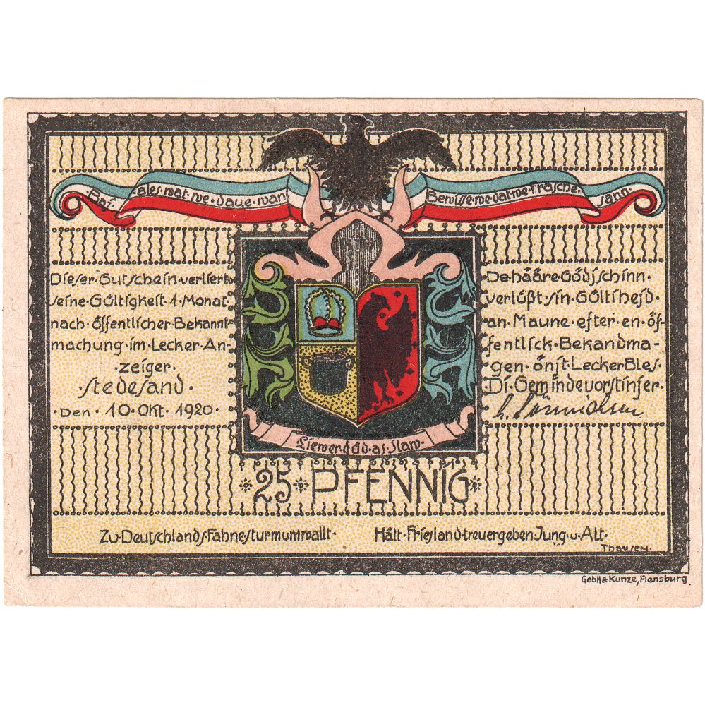 Alemania, Stedesand Gemeinde, 25 Pfennig, 1920-10-10, SC+