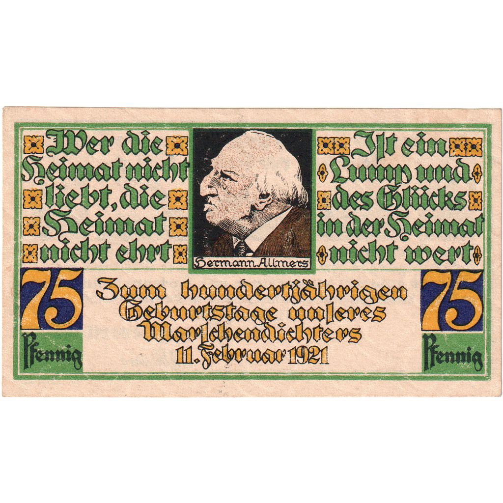 Banknot, Niemcy, Stotel, 75 Pfennig, personnage, 1921, 1921-02-11, UNC(63)