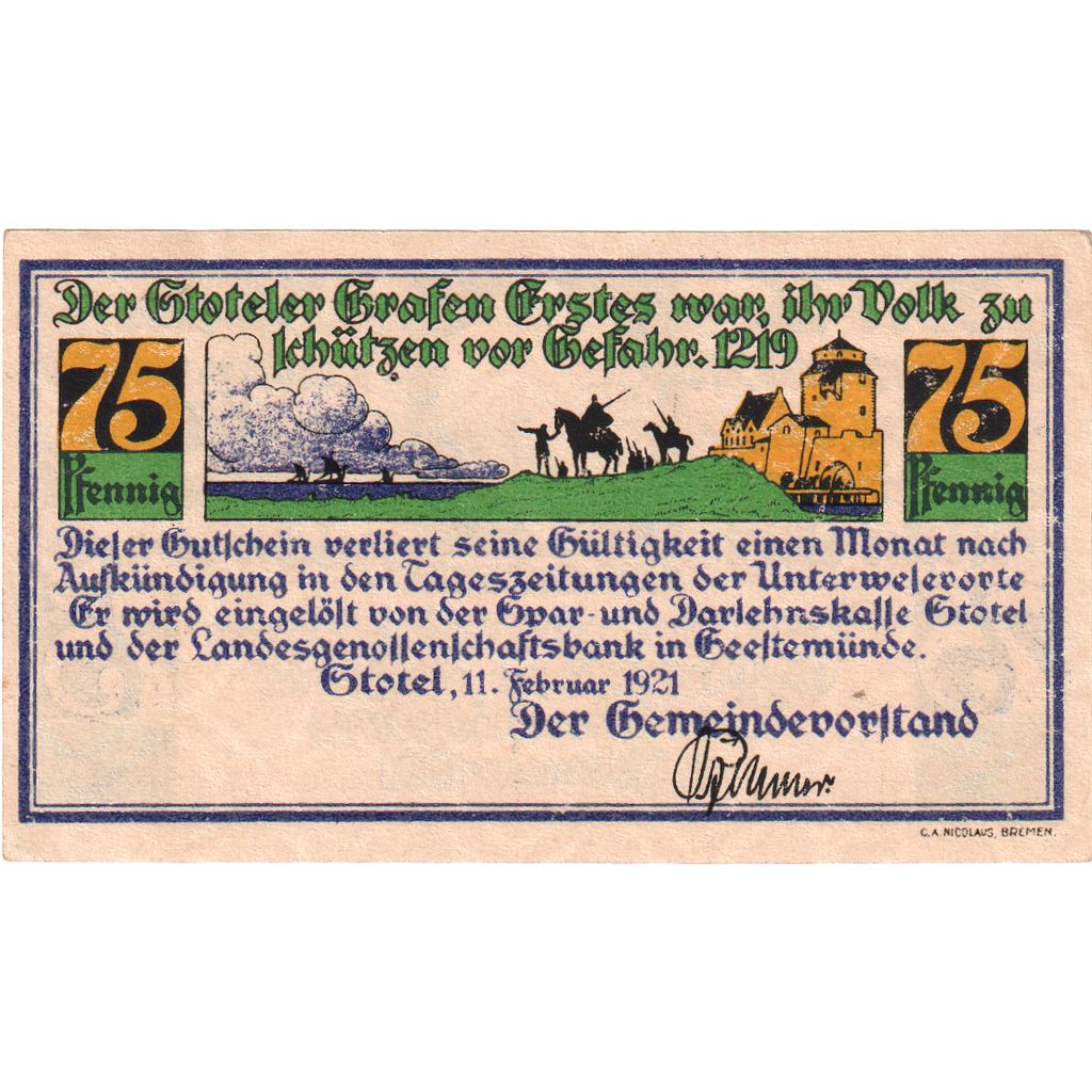 Banknot, Niemcy, Stotel, 75 Pfennig, personnage, 1921, 1921-02-11, UNC(63)