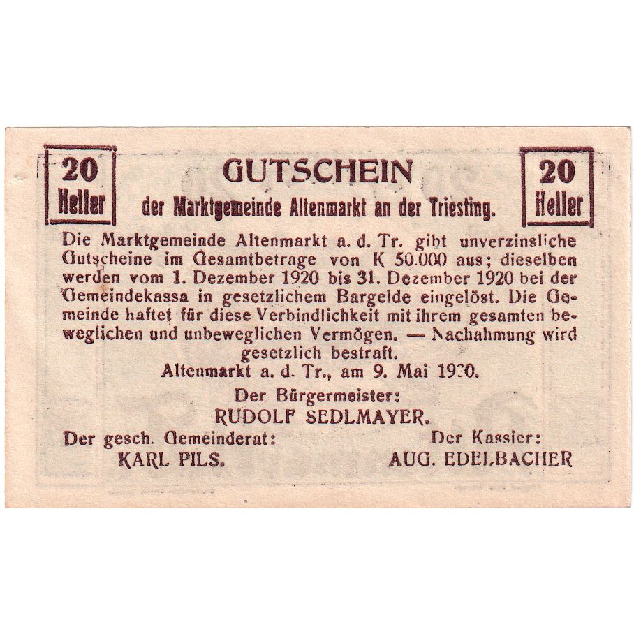 Banknot, Austria, Altenmarkt, 20 Heller, paysage, 1920, 1920-05-09, UNC(63)