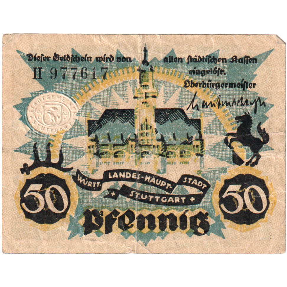 Banknot, Niemcy, Stuttgart Stadt, 50 Pfennig, Batiment, 1921, 1921-07-31