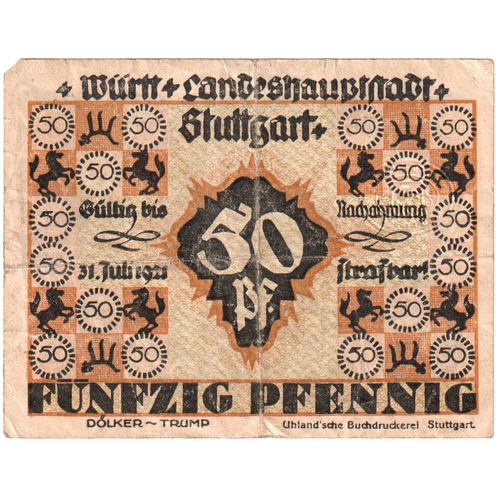 Banknot, Niemcy, Stuttgart Stadt, 50 Pfennig, Batiment, 1921, 1921-07-31