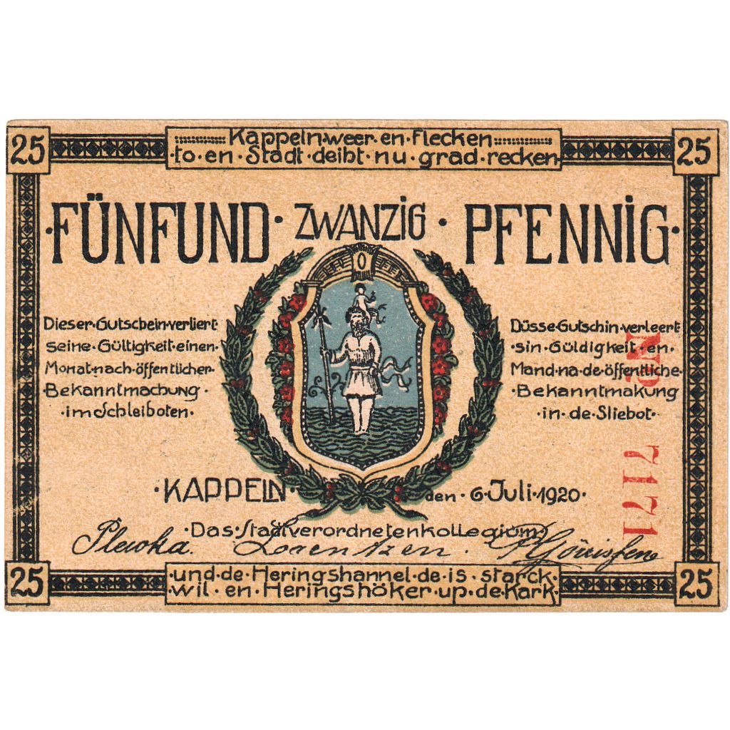 Billet, Allemagne, Kappeln Stadt, 25 Pfennig, soldat, 1920, 1920-07-06, SPL