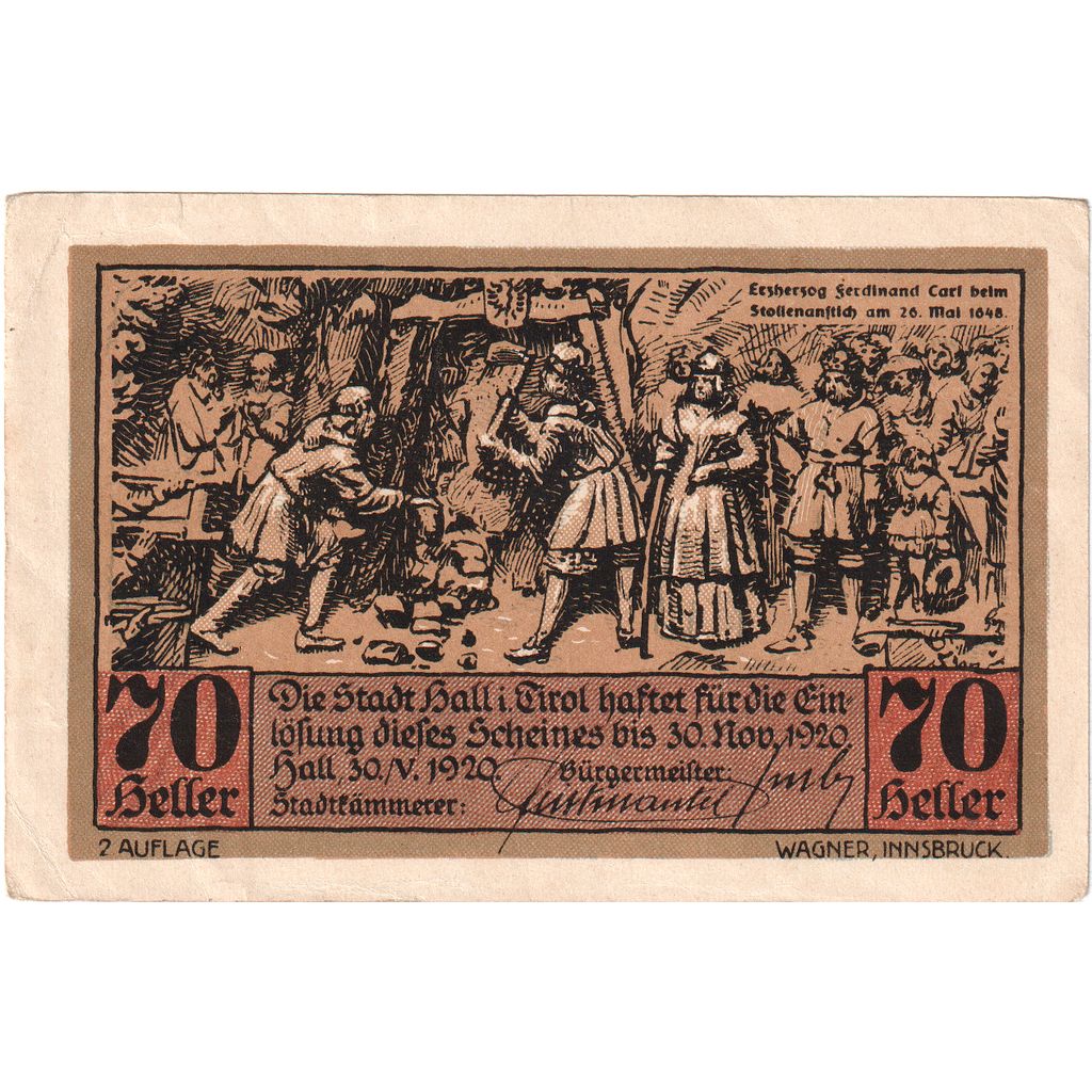 Austria, Hall, 70 Heller, 1920-11-30, EF(40-45)