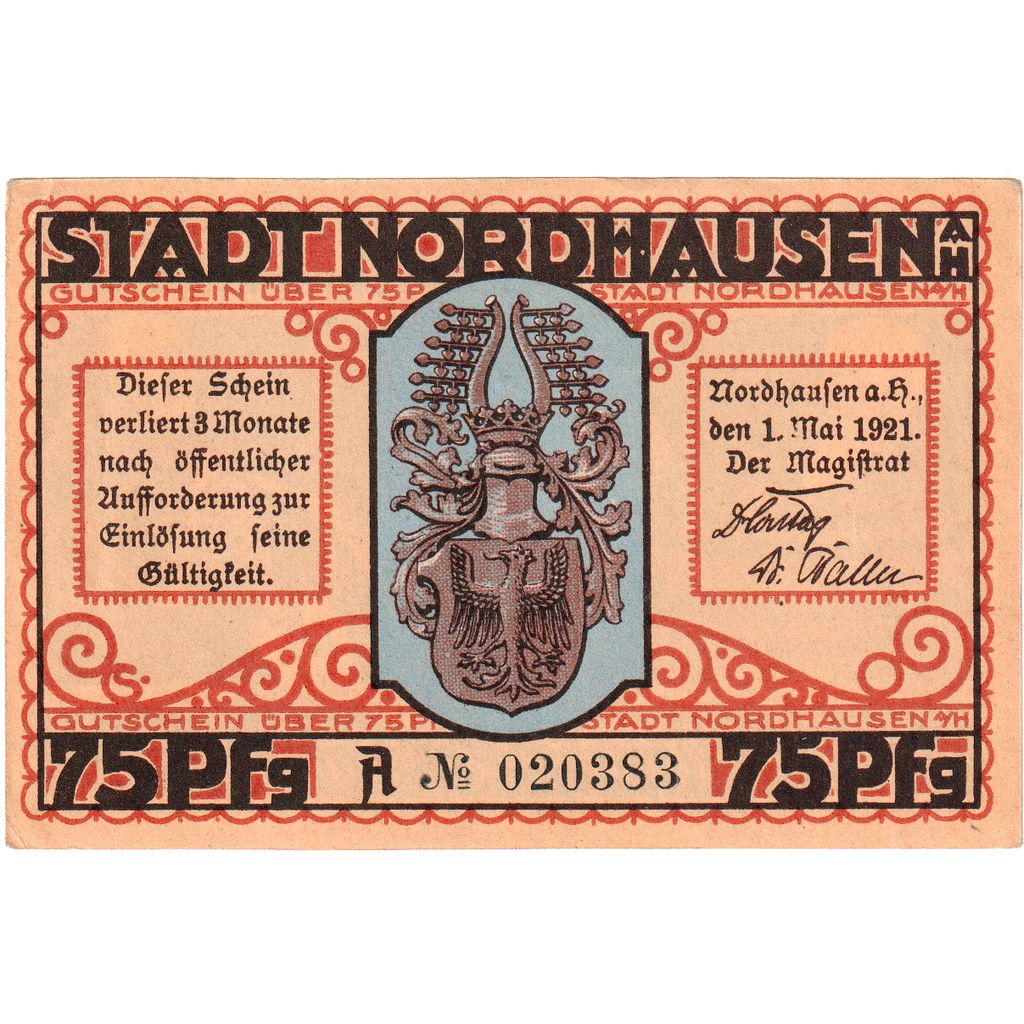 Germany, Nordhausen Stadt, 75 Pfennig, 1921-05-01, UNC(63)