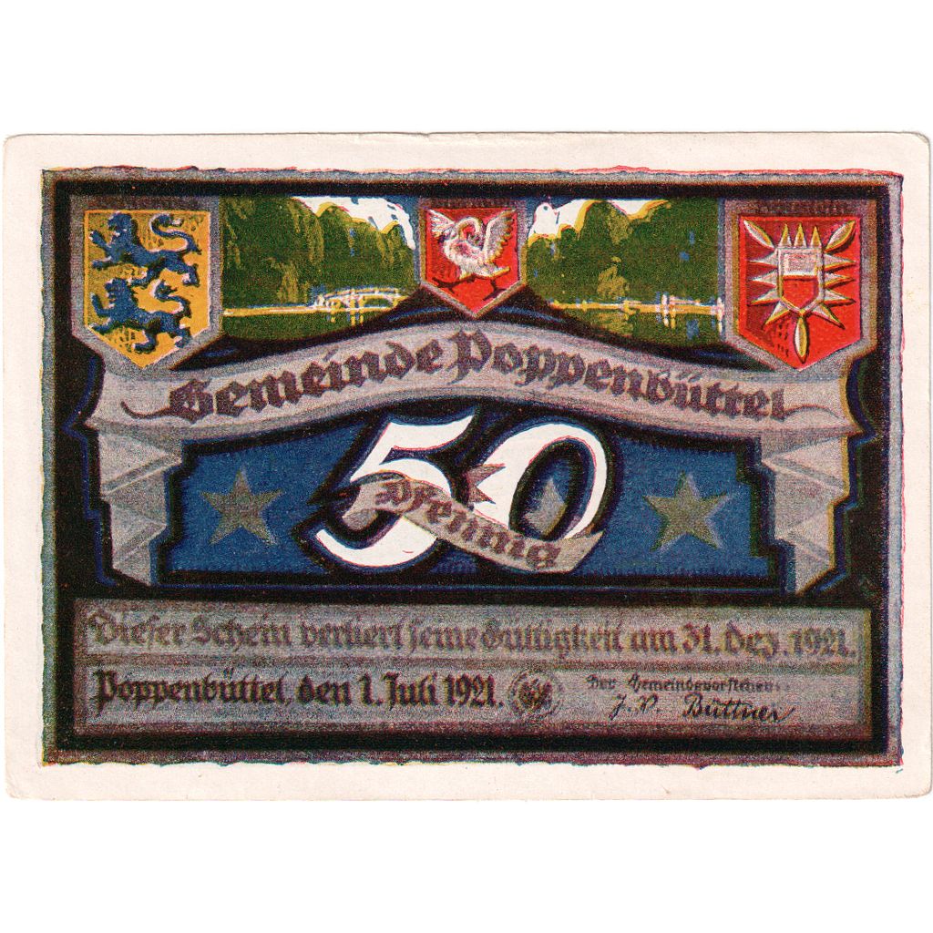 Banknote, Germany, Poppenbüttel, 50 Pfennig, Rivière, 1921 UNC(63) Mehl:1068.1