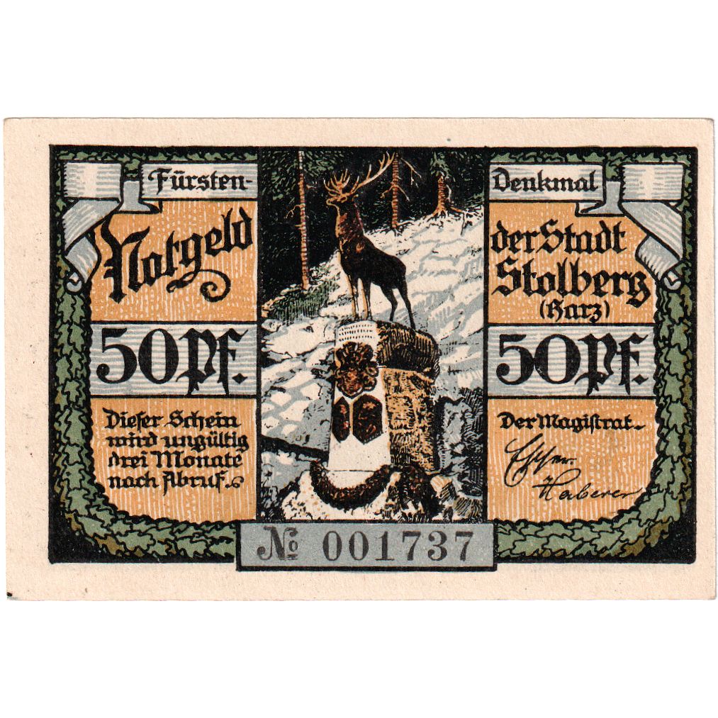 Banknote, Germany, Stolberg, 50 Pfennig, statue, 1921, UNC(63), Mehl:1273.1