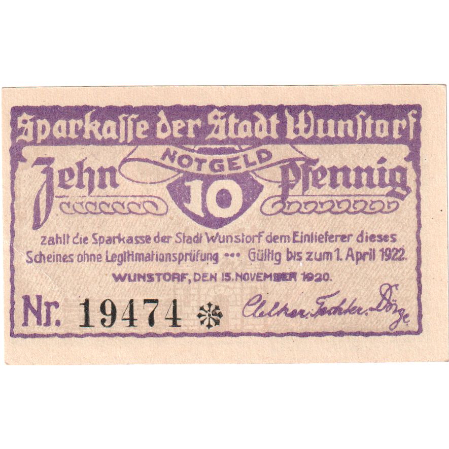 Germany, Wunstorf, 10 Pfennig, 1922-04-01, UNC(63)