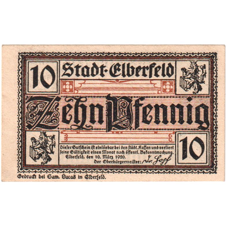 Banknote, Germany, Elberfeld Stadt, 10 Pfennig, Texte, 1920, 1920-03-10