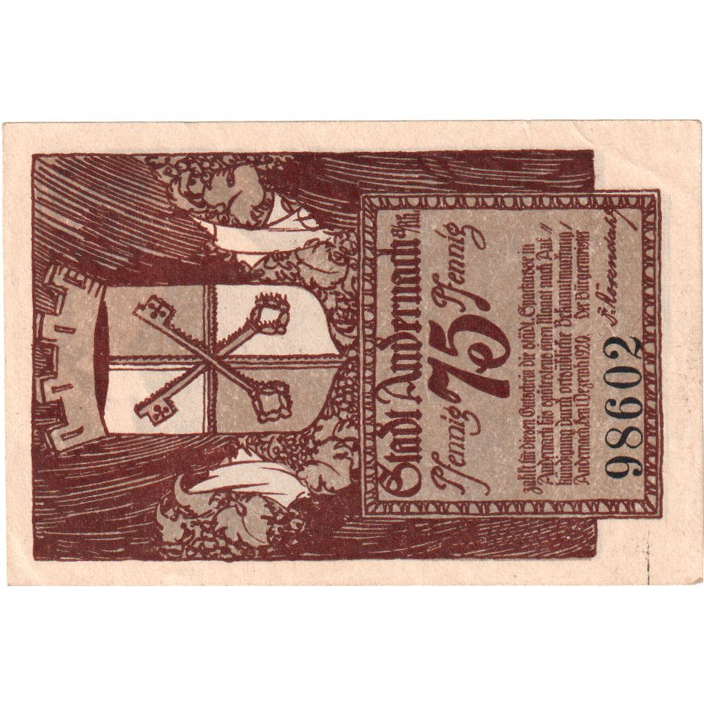 Banknote, Germany, Andernach, 75 Pfennig, Ecusson, 1920, 1920-12-01, UNC(63)