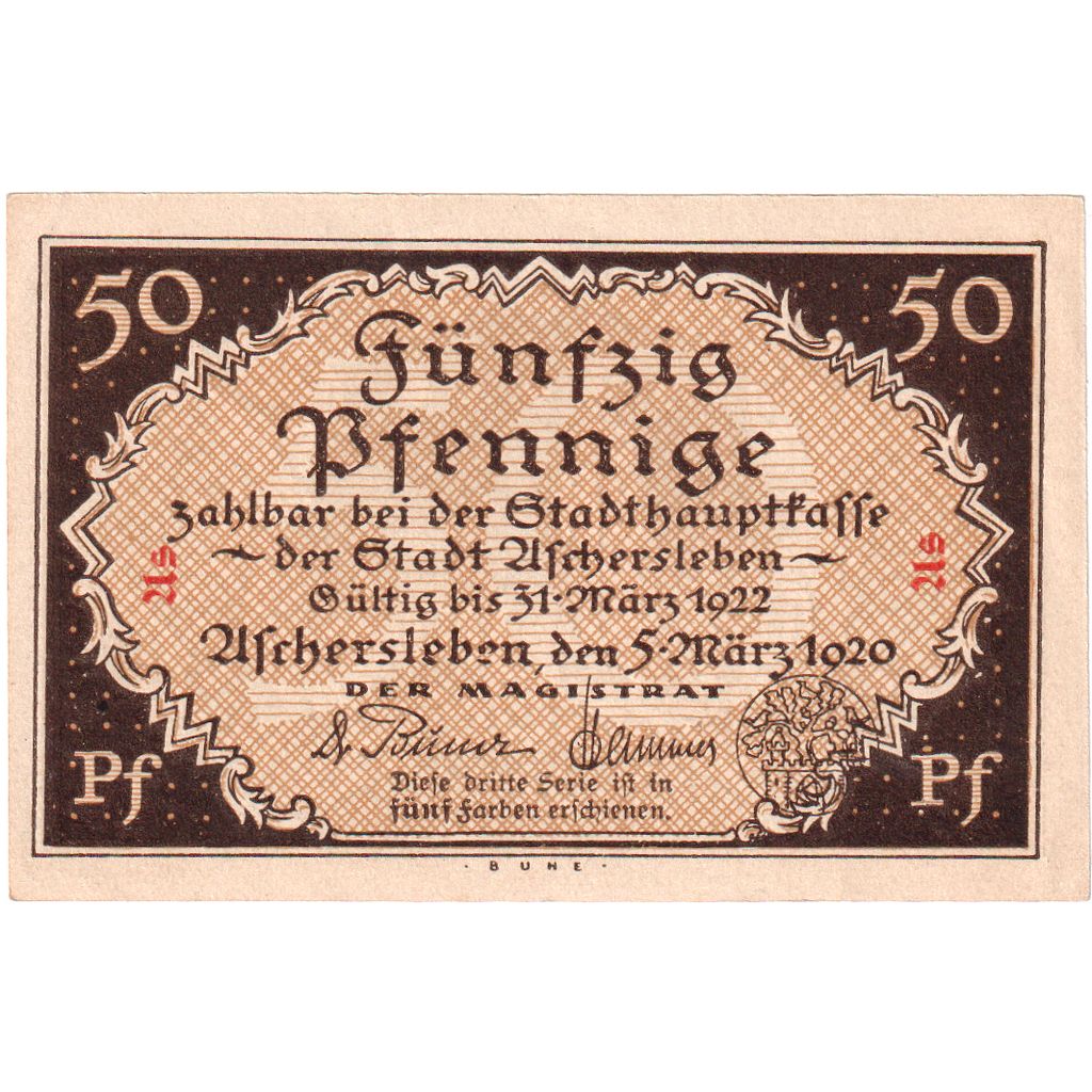 Niemcy, Aschersleben, 50 Pfennig, 1920-03-05, UNC(63)