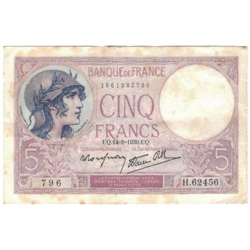 França, 5 Francs, 1939, 1939-09-14, VF(20-25), Fayette:4.8, KM:83