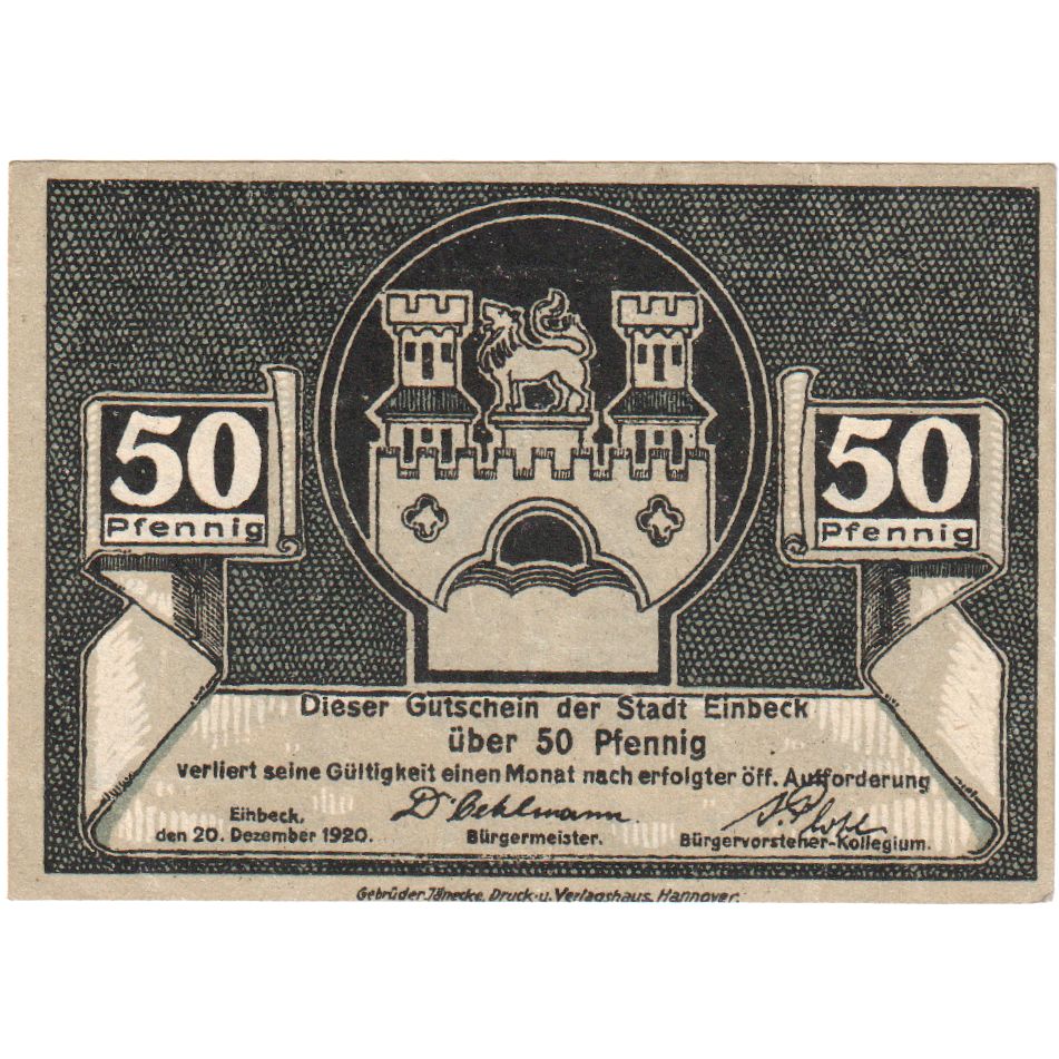 Banknote, Germany, Einbeck Stadt, 50 Pfennig, Eglise, 1920, 1920-12-20