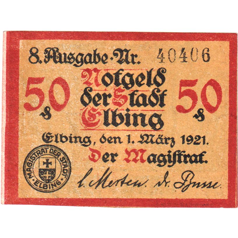 Banknote, Germany, Elbing Stadt, 50 Pfennig, Blason, 1921, 1921/03/01