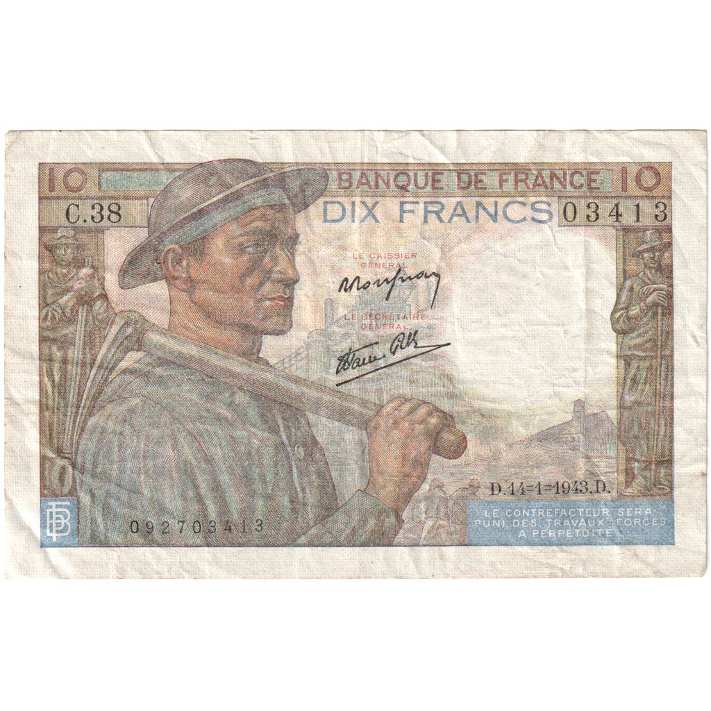 França, 10 Francs, Mineur, 1943-01-14, C.38, VF(30-35)