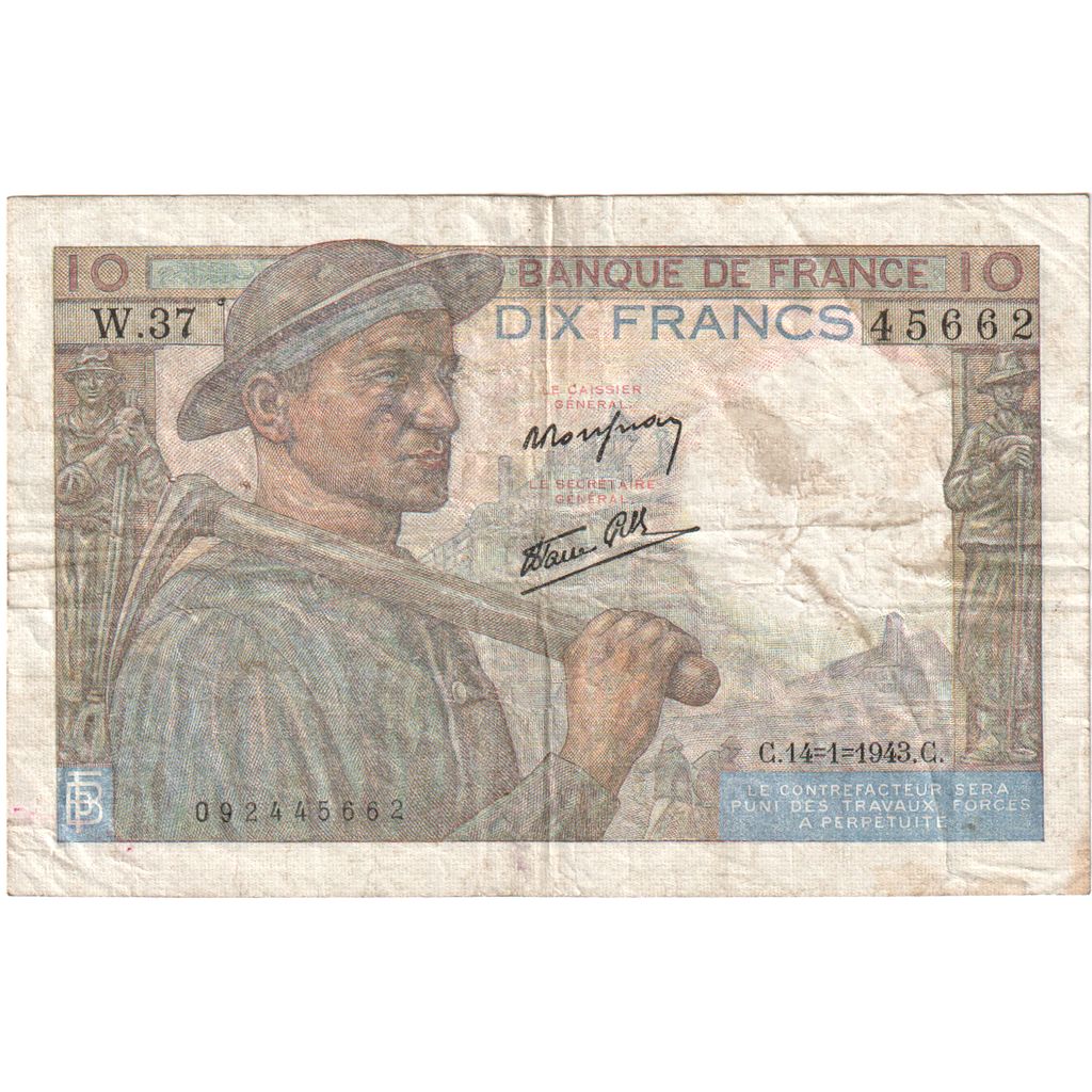 França, 10 Francs, Mineur, 1943-01-14, W.37, VF(30-35)