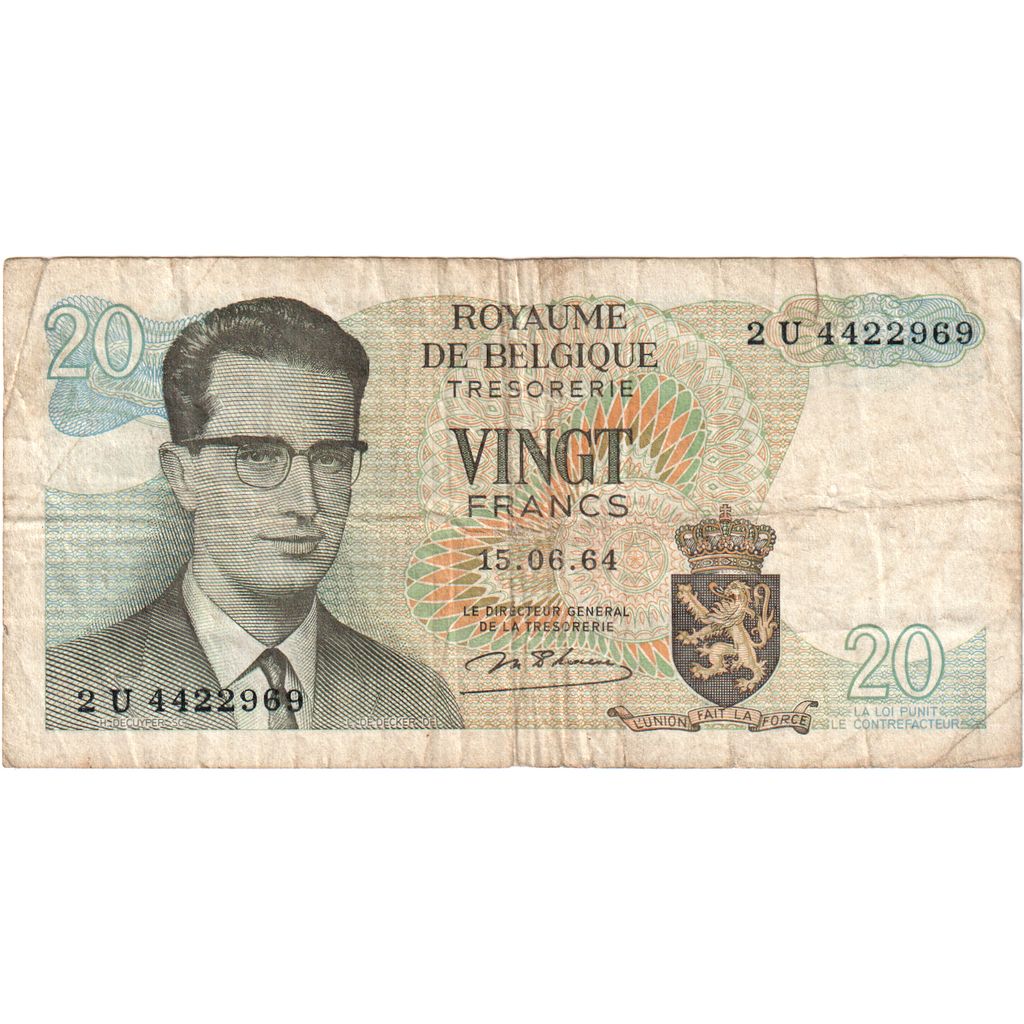 Belgium, 20 Francs, 1964-06-15, VF(20-25)