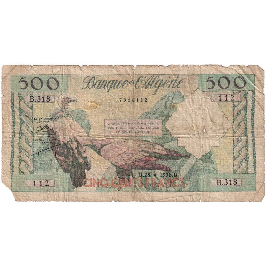 Algieria, 500 Francs, 1958-04-02, VF(20-25)