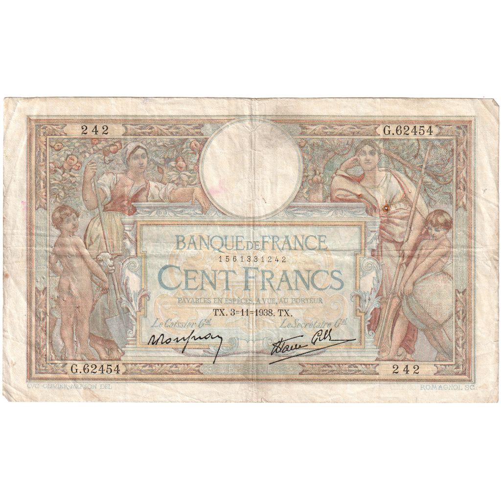 Frankrijk, 100 Francs, Luc Olivier Merson, 1938-11-03, G.62454, TB+