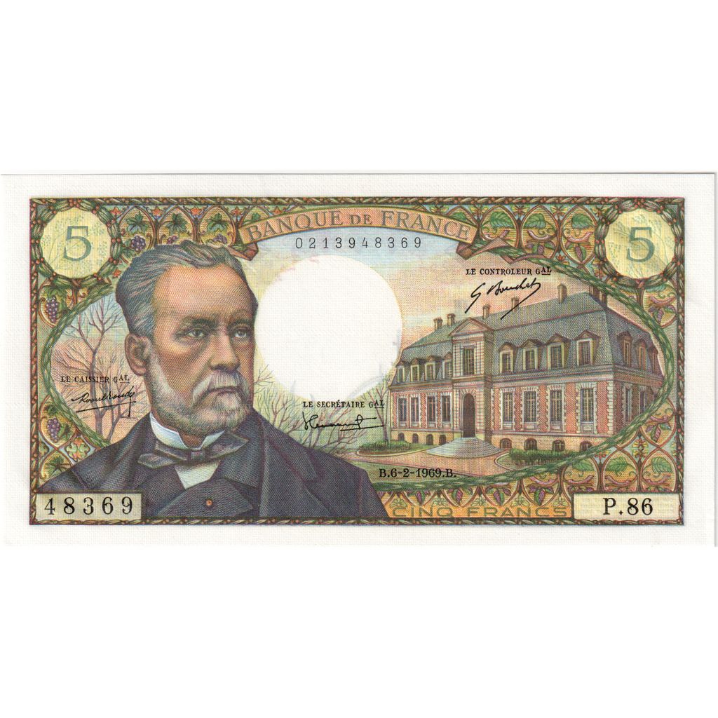 França, 5 Francs, Pasteur, 1969-02-06, P.86, UNC(65-70)