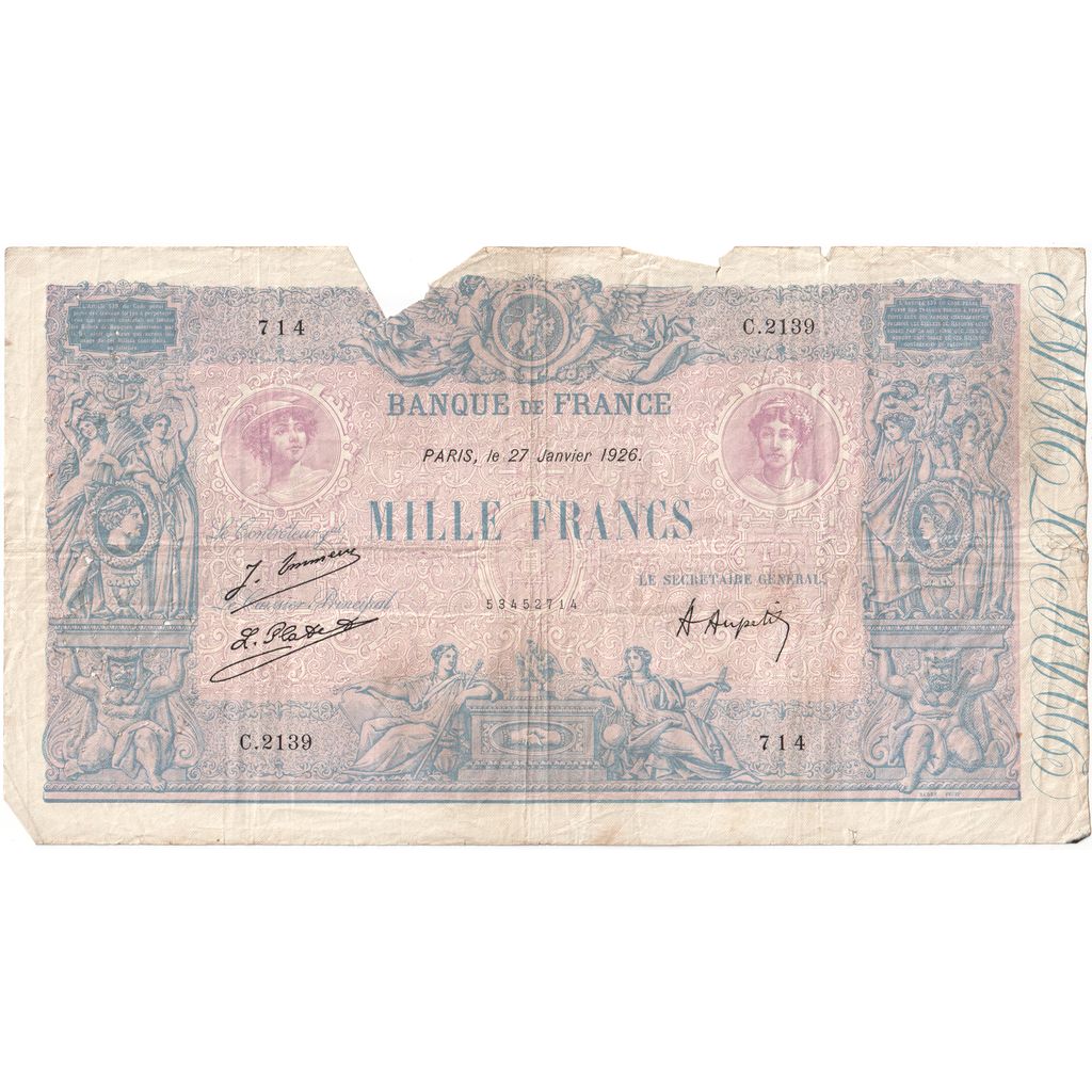 France, 1000 Francs, Bleu et Rose, 1926-01-11, C.2139, VG(8-10)