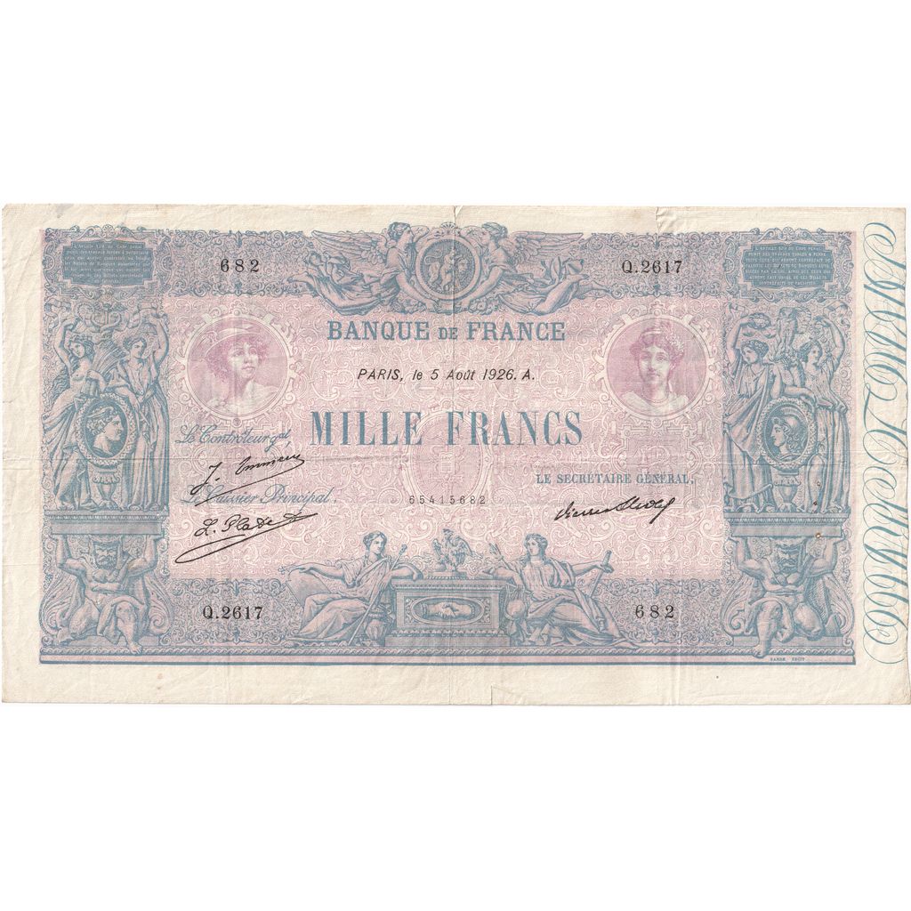 França, 1000 Francs, Bleu et Rose, 1926-08-05, Q.2617, VF(30-35)