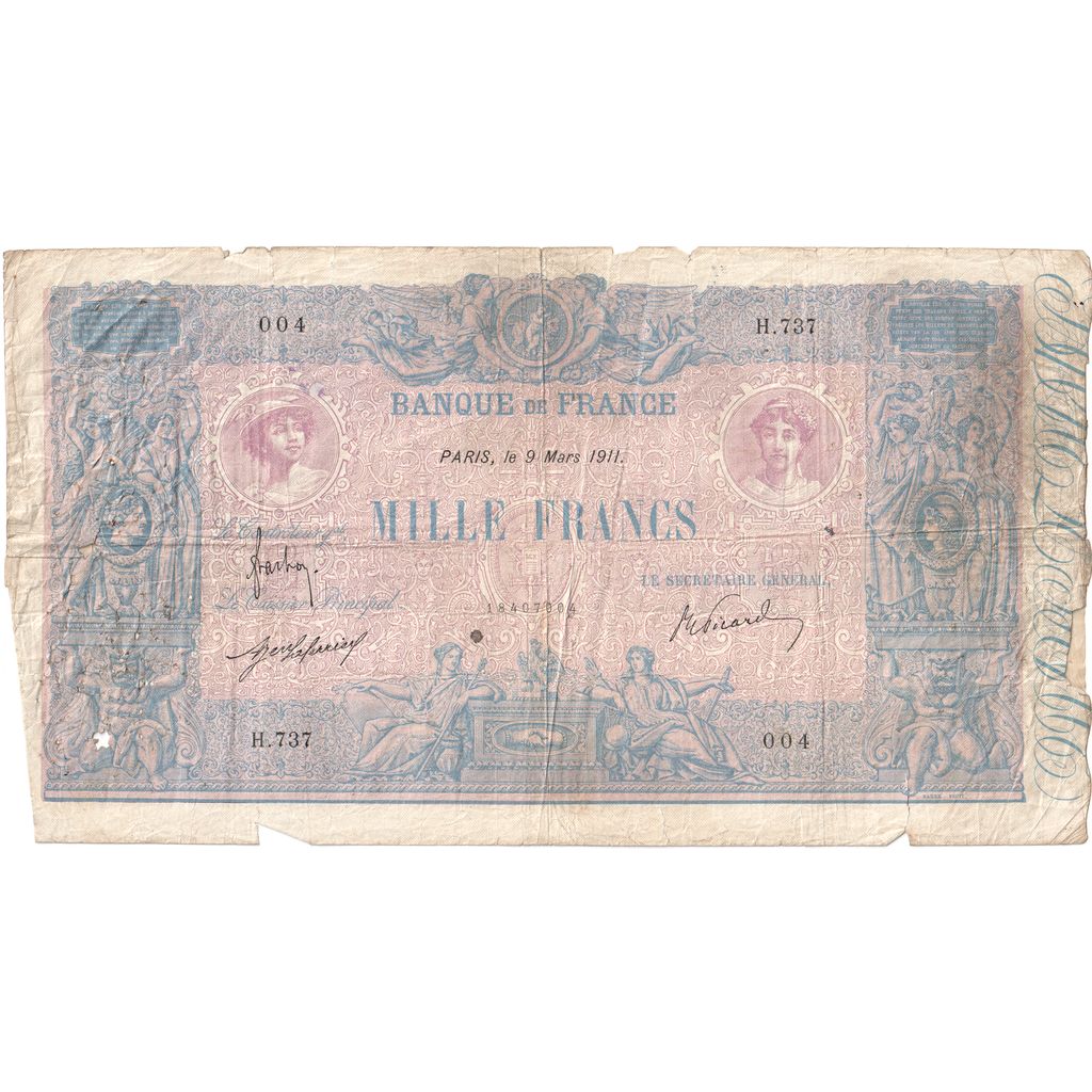 França, 1000 Francs, Bleu et Rose, 1911-03-09, H.737, VF(20-25)