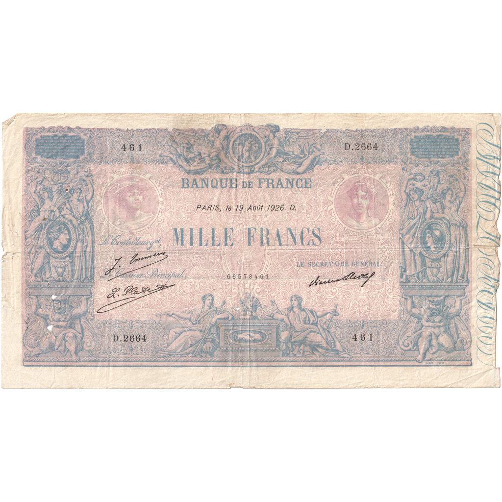 France, 1000 Francs, Bleu et Rose, 1926-08-30, D.2664, VF(30-35)