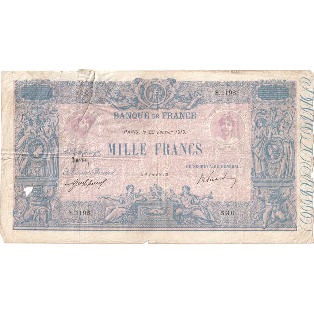 França, 1000 Francs, Bleu et Rose, 1919-01-22, S.1198, F(12-15)