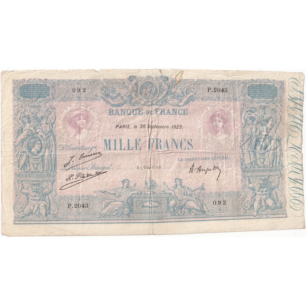 France, 1000 Francs, Bleu et Rose, 1925-09-30, P.2093, VF(30-35)