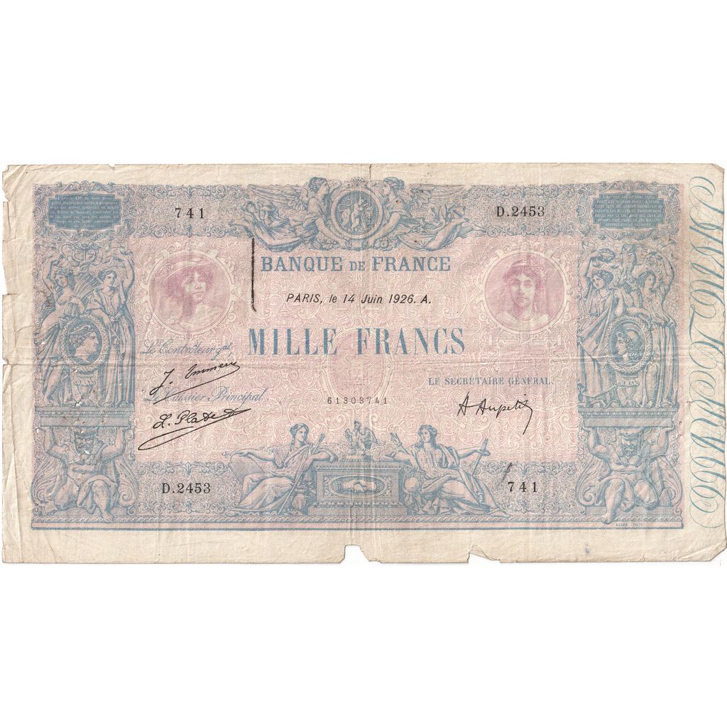 França, 1000 Francs, Bleu et Rose, 1926-06-14, D.2453, VF(20-25)