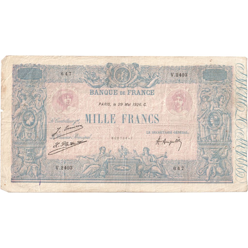 France, 1000 Francs, Bleu et Rose, 1926-05-29, V.2403, VF(30-35)