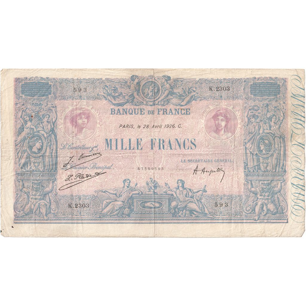 France, 1000 Francs, Bleu et Rose, 1926-04-28, K.2303, VF(30-35)