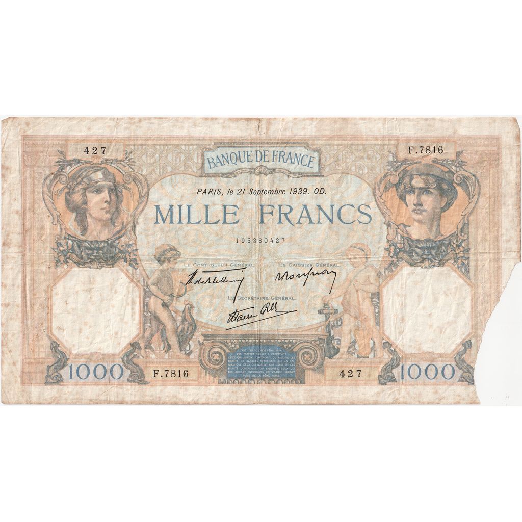 Francia, 1000 Francs, Cérès et Mercure, 1939-09-21, F.7816, RC+