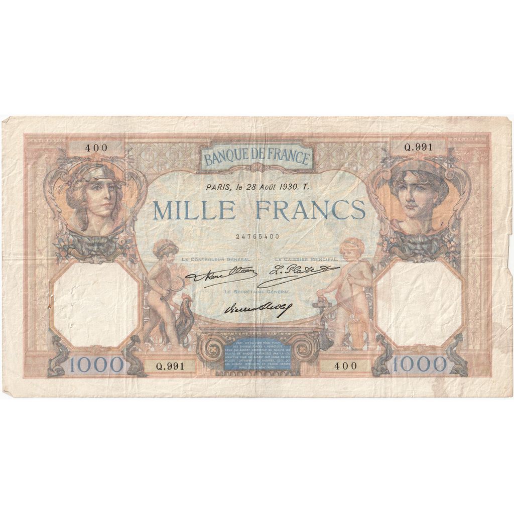 France, 1000 Francs, Cérès et Mercure, 1930-08-28, Q.991, TB+