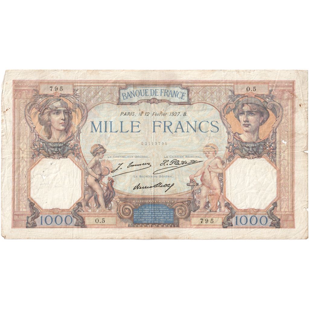 Francia, 1000 Francs, Cérès et Mercure, 1927-02-12, O.5, BC