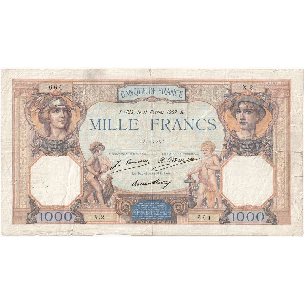 France, 1000 Francs, Cérès et Mercure, 1927-02-11, X.2, VF(20-25)