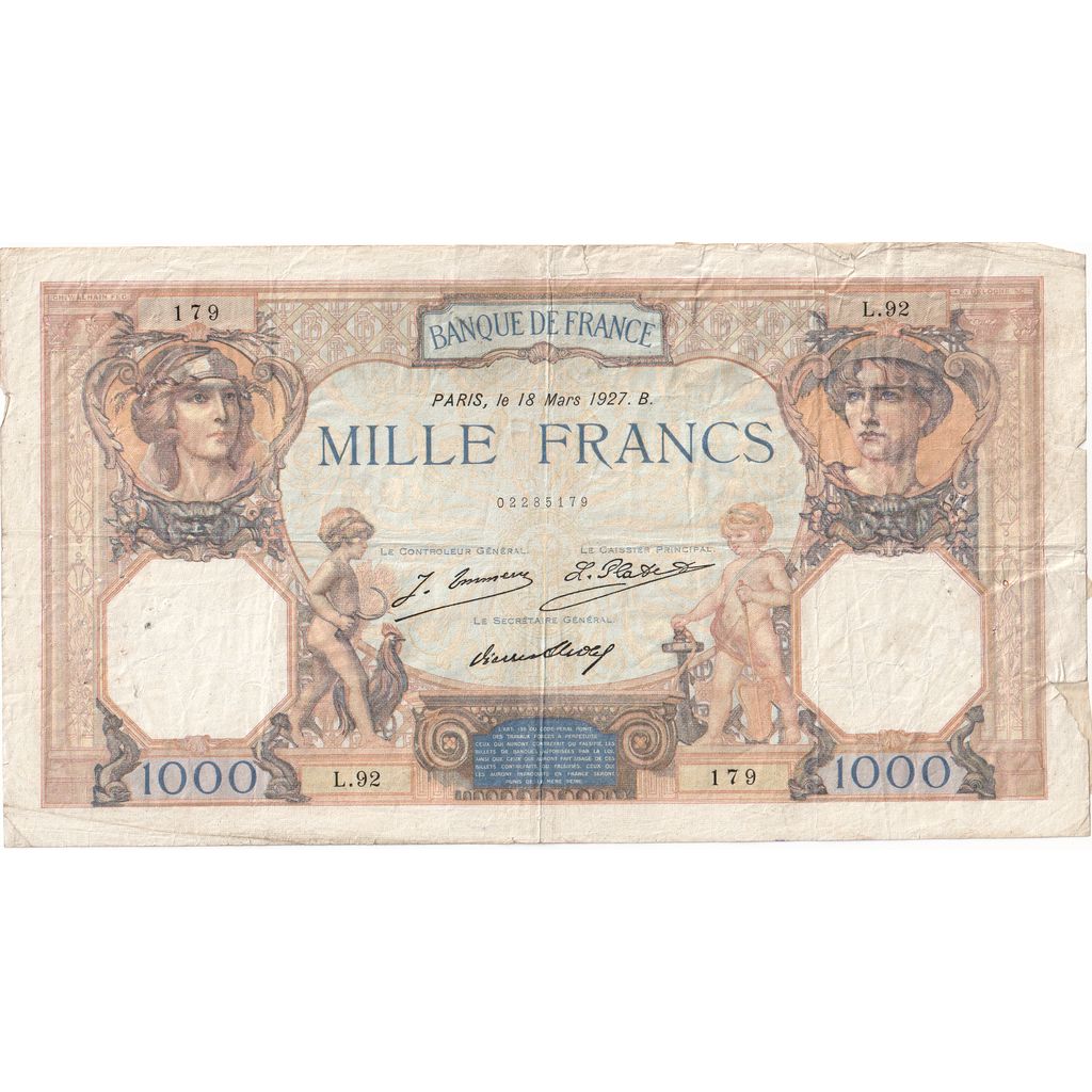 France, 1000 Francs, Cérès et Mercure, 1927-03-18, L.92, TB