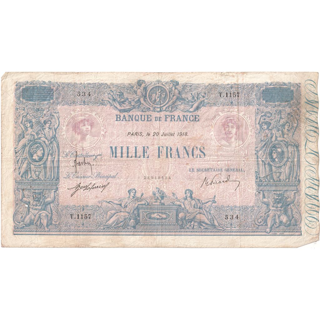 France, 1000 Francs, Bleu et Rose, 1918-07-20, T.1157, VF(20-25)