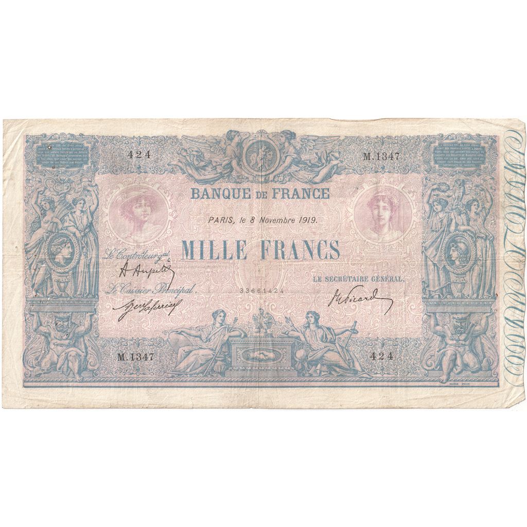 França, 1000 Francs, Bleu et Rose, 1919-11-08, M.1347, VF(30-35)