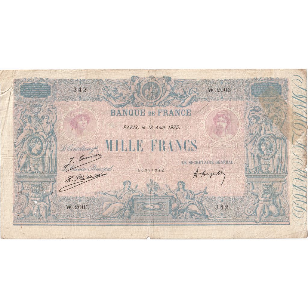 França, 1000 Francs, Bleu et Rose, 1925-08-13, W.2003, VF(30-35)